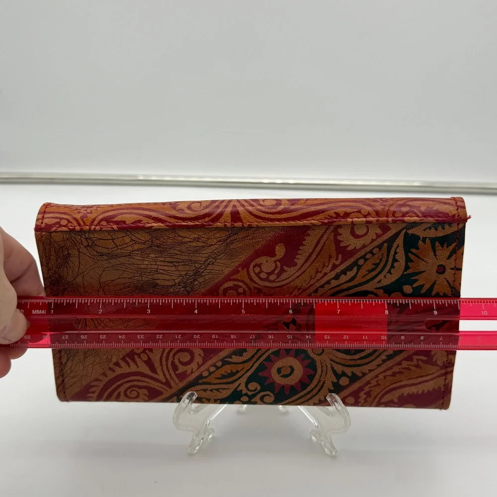 Vintage Hand Tooled Leather Paisley Mandala Clutch Wallet Boho Red Brown 8 Inch